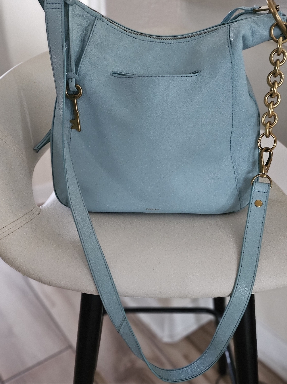 Fossil Leather Crossbody Bag Blue Teal Shoulder Purse Gold Chain Strap Medium. - Picture 4 of 16